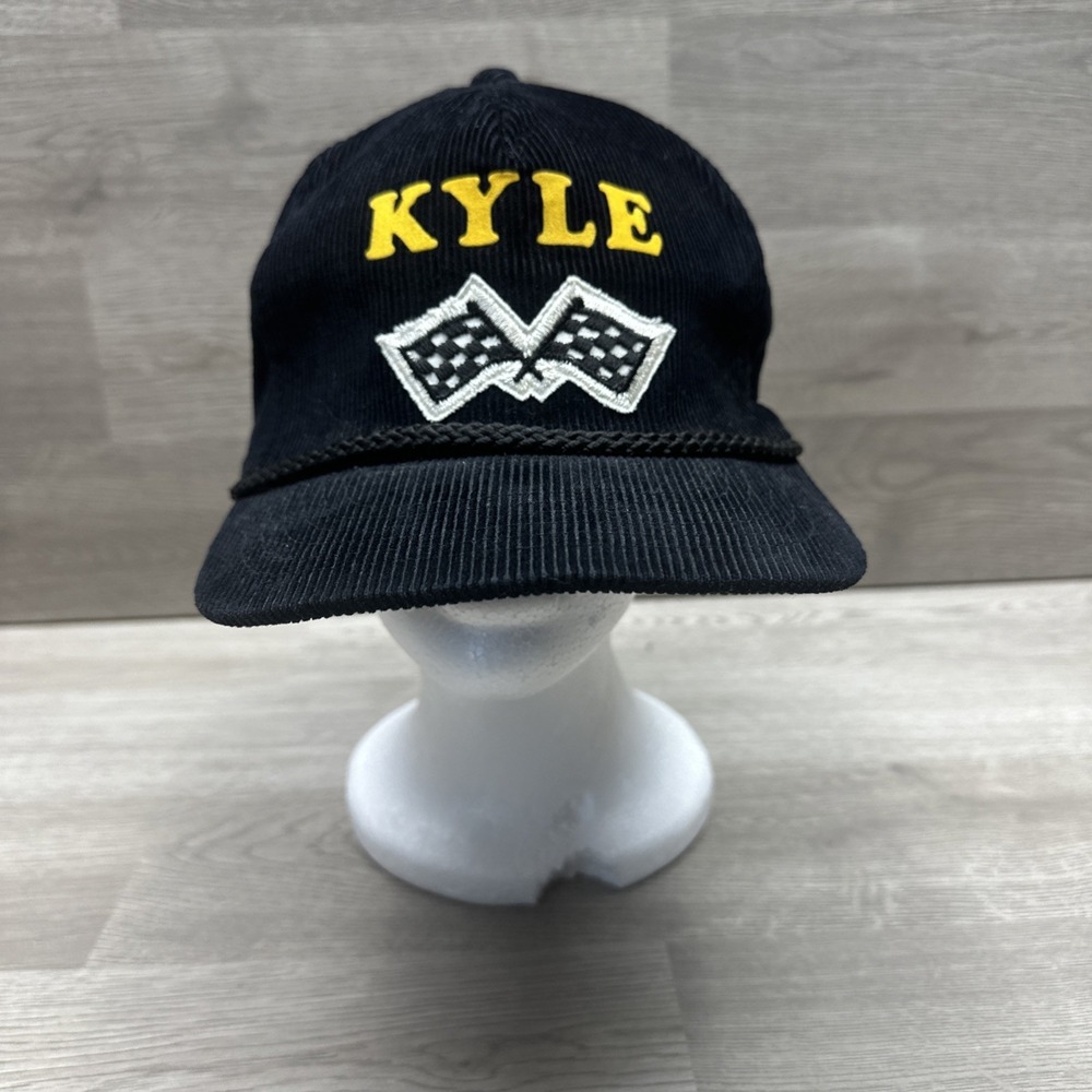 Vintage Black Corduroy Adjustable Trucker Hat Cap Kyle Racing Race Flags Cars